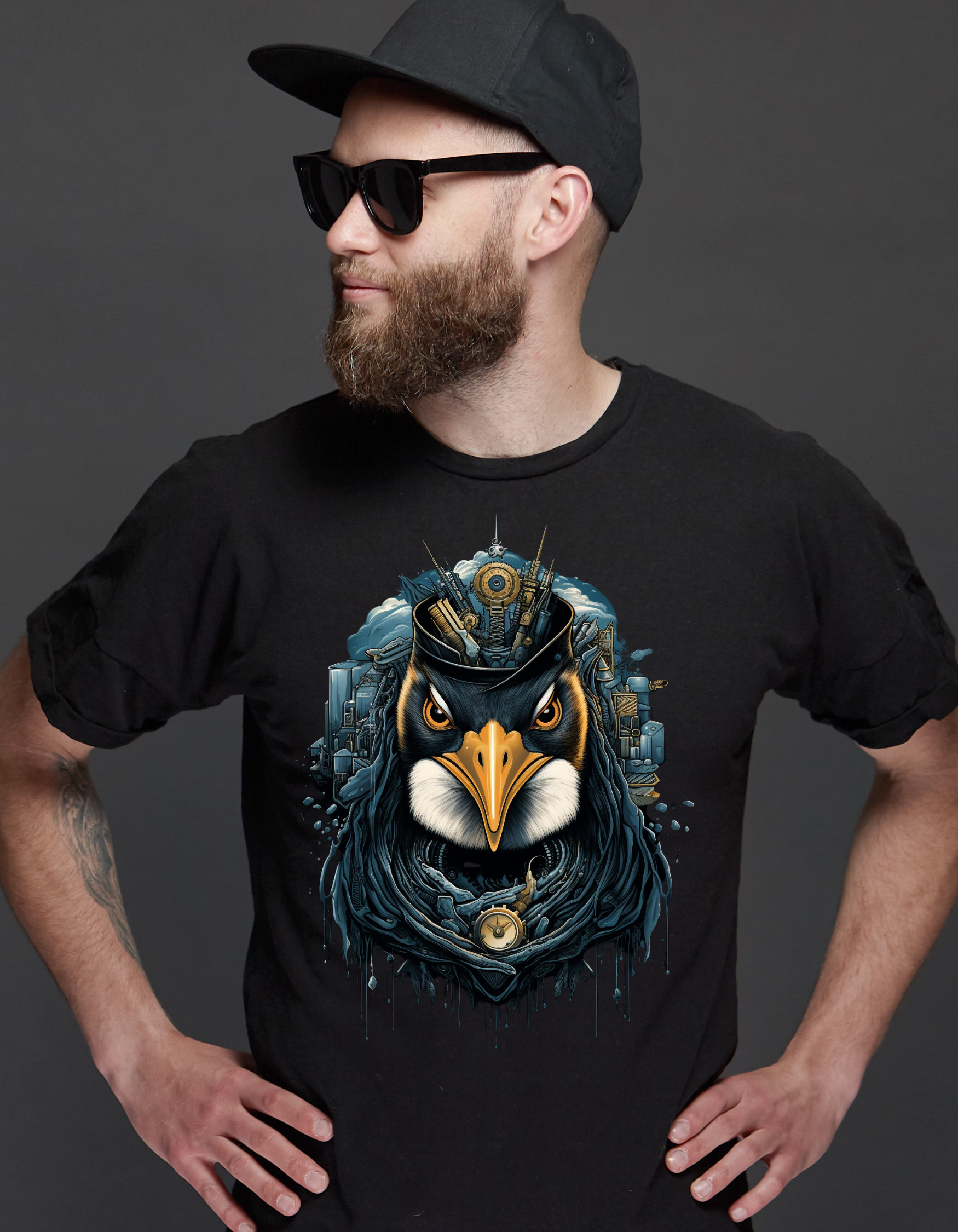 Agent Penguin Cyberpunk Design on Premium Black Cotton T-Shirt