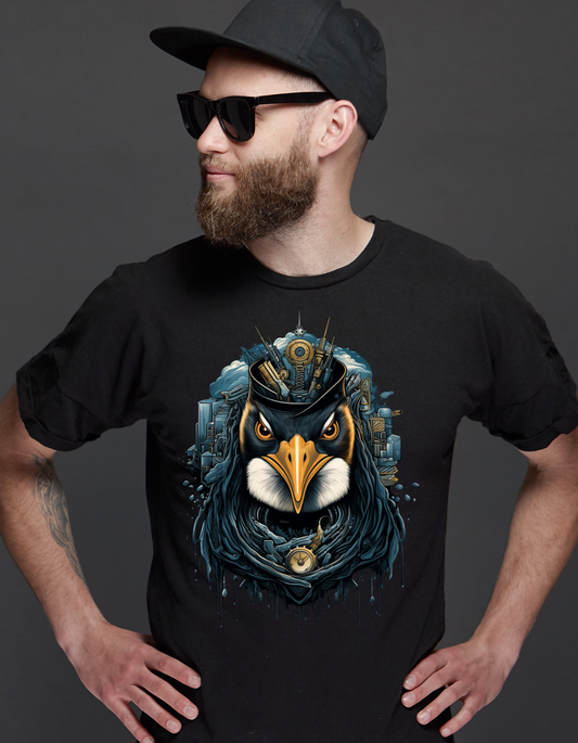 Agent Penguin Cyberpunk Design on Premium Black Cotton T-Shirt