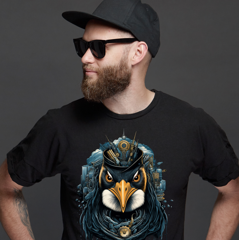 Agent Penguin Cyberpunk Design on Premium Black Cotton T-Shirt