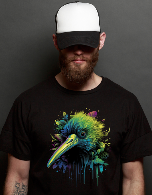 Unique Kiwi Bird Design on Premium Black Cotton T-Shirt
