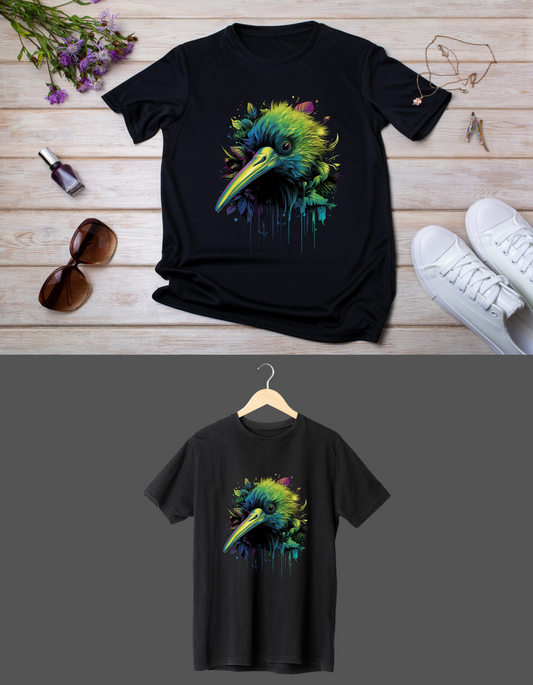 Unique Kiwi Bird Design on Premium Black Cotton T-Shirt