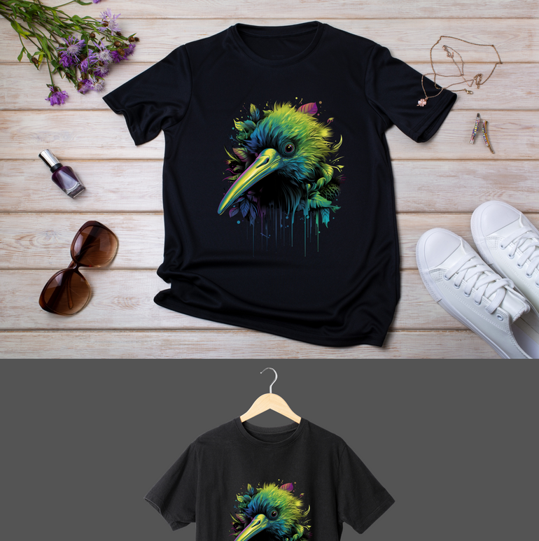 Unique Kiwi Bird Design on Premium Black Cotton T-Shirt