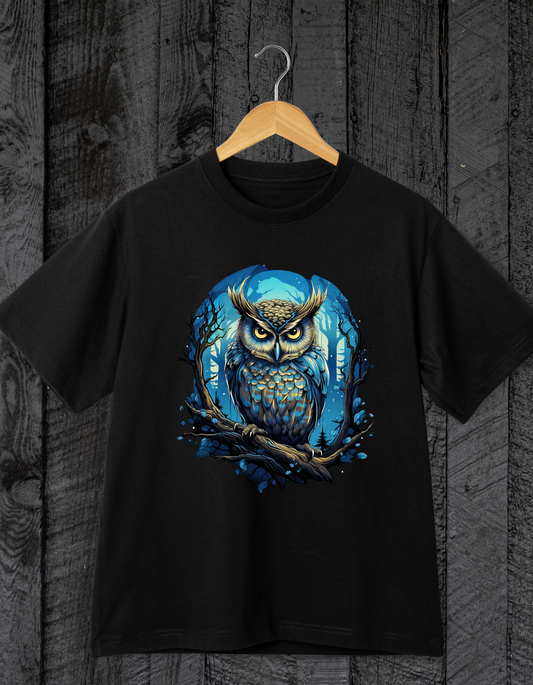 Forest Owlet Design on Premium Black Cotton T-Shirt