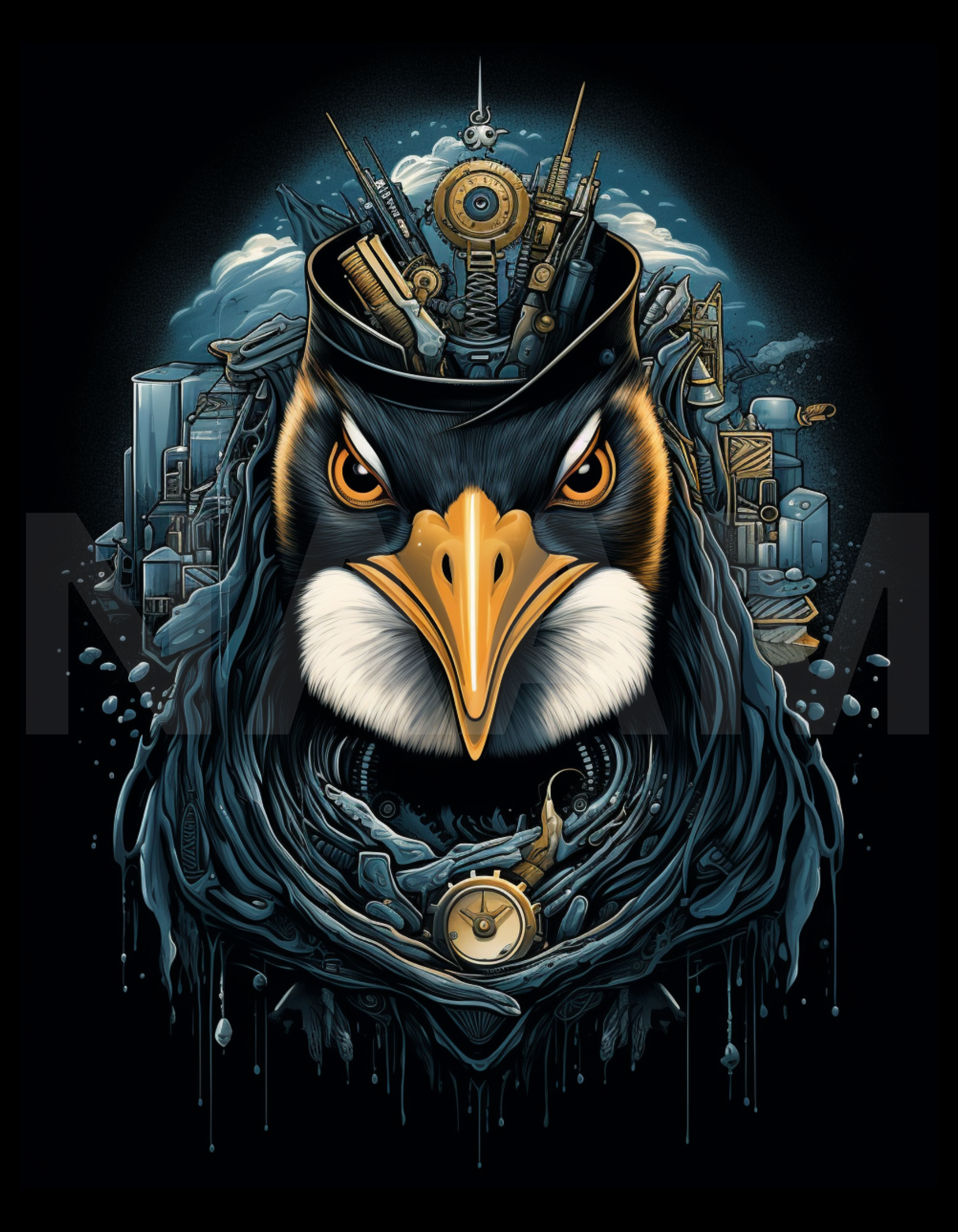 Agent Penguin Cyberpunk Design on Premium Black Cotton T-Shirt
