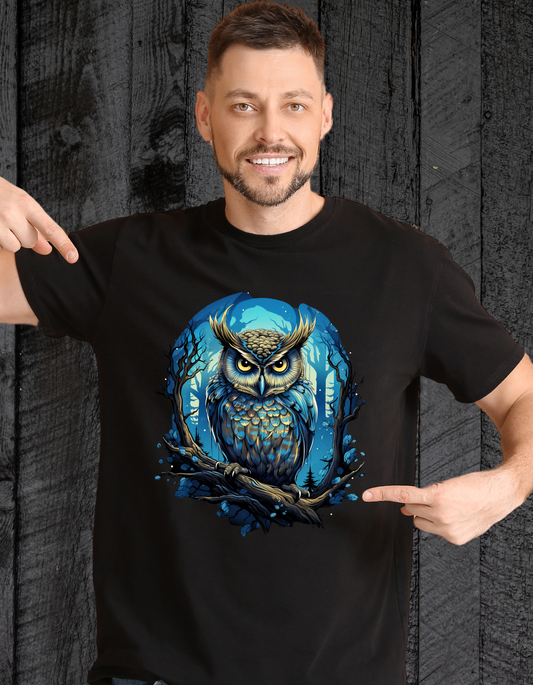 Forest Owlet Design on Premium Black Cotton T-Shirt