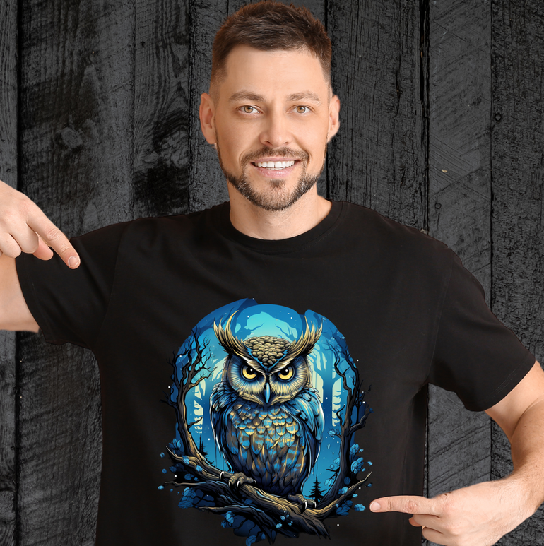 Forest Owlet Design on Premium Black Cotton T-Shirt